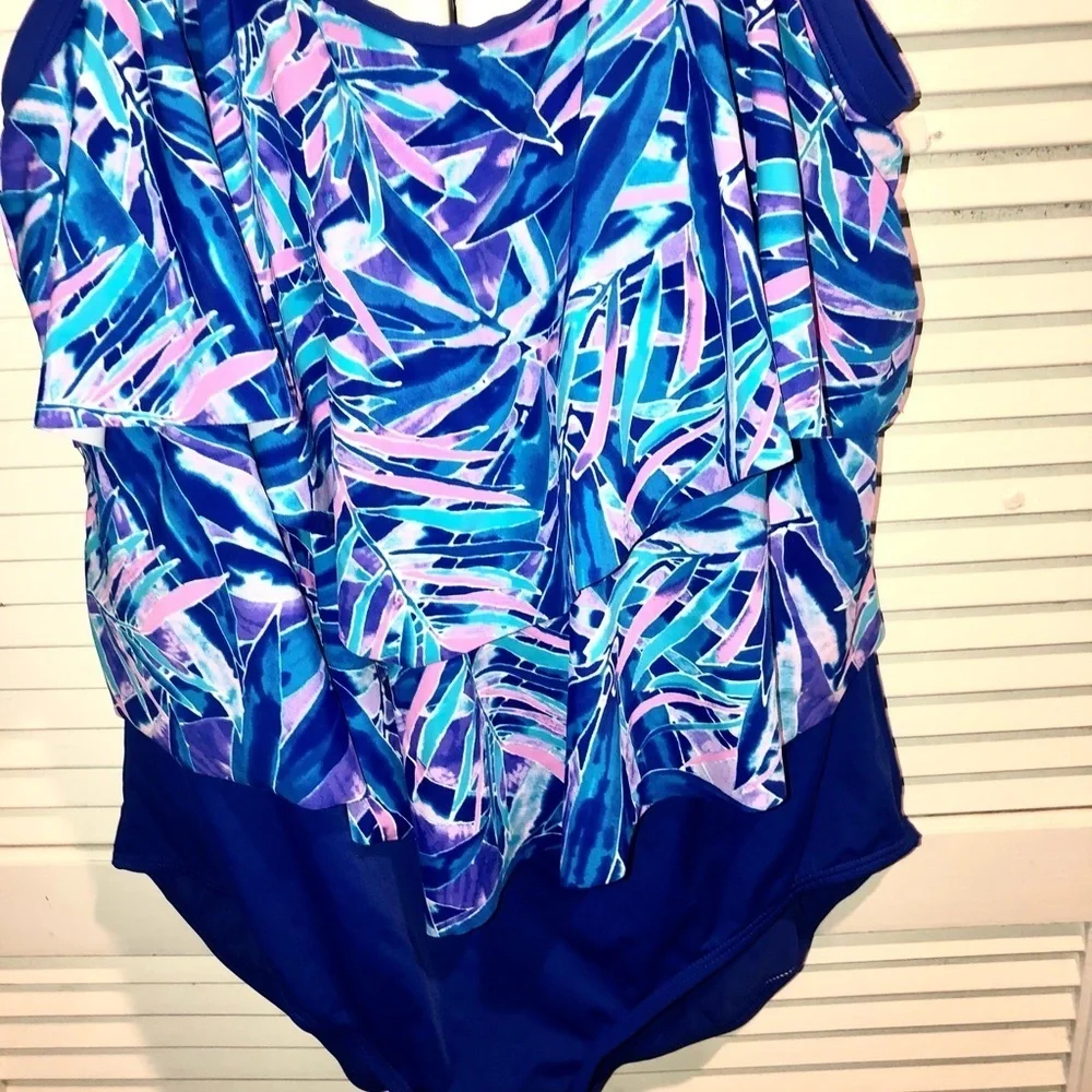 Calypso cove tiered ruffle one piece swimsuit blue and pink size 20 W